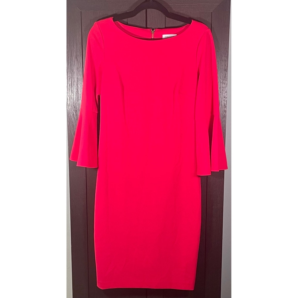 Calvin Klein Womens Pink Bell Sleeve Sheath Dress Size 10 Exposed Gold Zipper